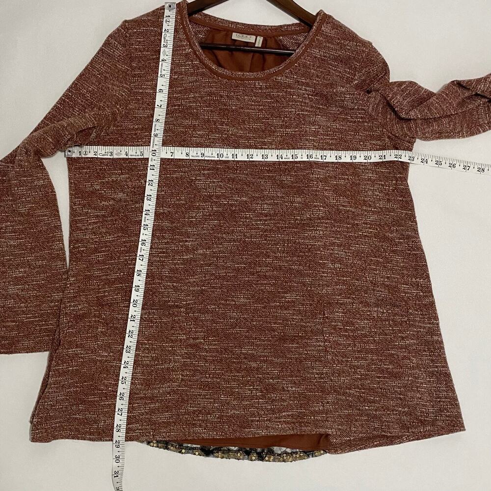 LOGO Lori Goldstein XL Marled Knit Top Sequin Lace Back Lagenlook Tunic Brown - Picture 4 of 9
